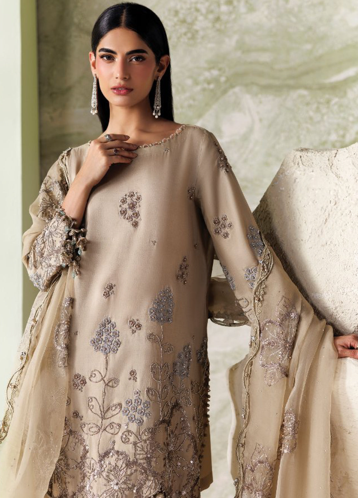 Soiree By Maria B Formals Embroidered Tussar Silk 3 Piece Unstitched Suit MB26SF D-SR-01 Champagne Beige - Detail Soiree By Maria B Formals Embroidered Tussar Silk 3 Piece Unstitched Suit MB26SF D-SR-01 Champagne Beige - Detail