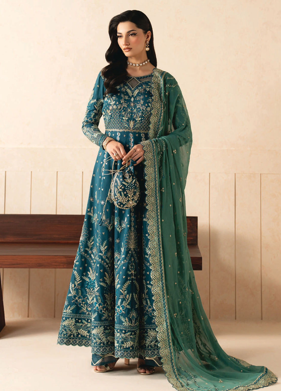 Syleena By Gulaal Embroidered Raw Silk 3 Piece Unstitched Dress GL26SRS D-SD-25 Zarian Teal Blue - Front View Syleena By Gulaal Embroidered Raw Silk 3 Piece Unstitched Dress GL26SRS D-SD-25 Zarian Teal Blue - Front View