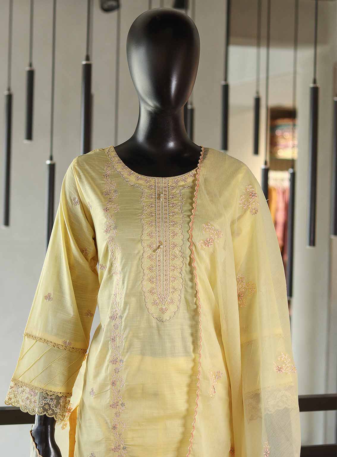Usman Fabrics Fancy Embroidered Lawn Cotton Suits Stitched 3 Piece - US25FE SB470 LEMON Usman Fabrics Fancy Embroidered Lawn Cotton Suits Stitched 3 Piece - US25FE SB470 LEMON
