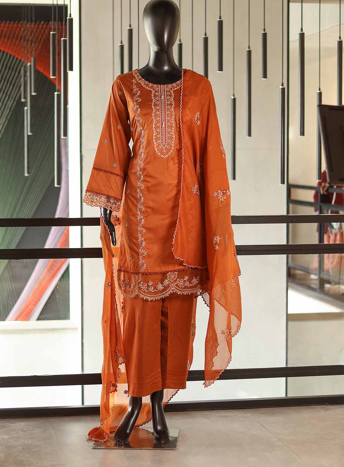 Usman Fabrics Fancy Embroidered Lawn Cotton Suits Stitched 3 Piece - US25FE SB470 RUST Usman Fabrics Fancy Embroidered Lawn Cotton Suits Stitched 3 Piece - US25FE SB470 RUST