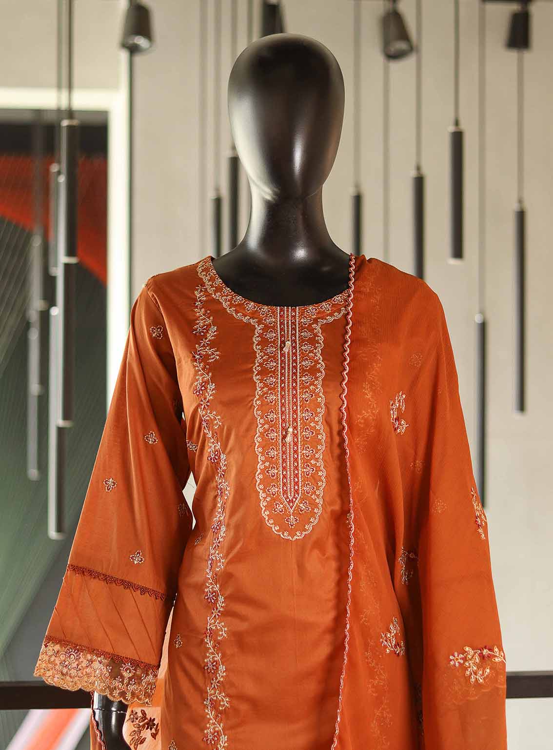 Usman Fabrics Fancy Embroidered Lawn Cotton Suits Stitched 3 Piece - US25FE SB470 RUST Usman Fabrics Fancy Embroidered Lawn Cotton Suits Stitched 3 Piece - US25FE SB470 RUST