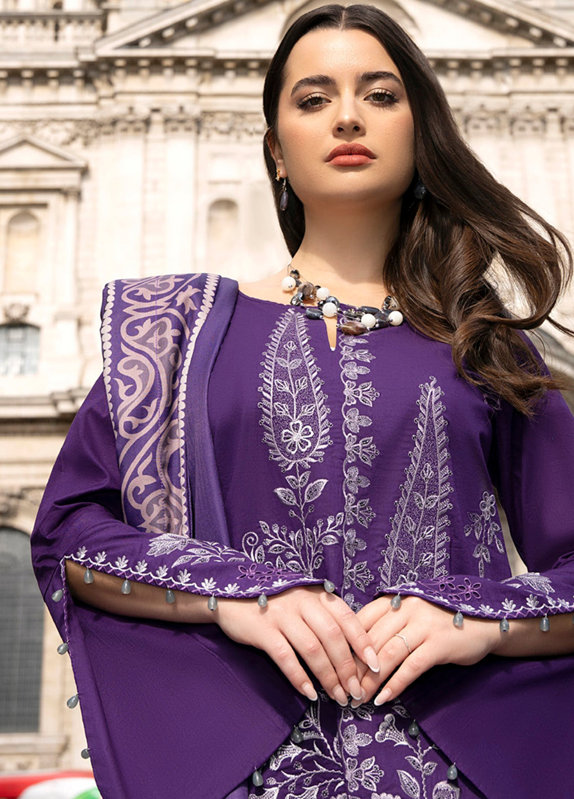 Wintry Breeze By Alzohaib Embroidered Cotton 3 Piece Unstitched Suit AZ26WBES D WB 09 Purple - Detail Wintry Breeze By Alzohaib Embroidered Cotton 3 Piece Unstitched Suit AZ26WBES D WB 09 Purple - Detail