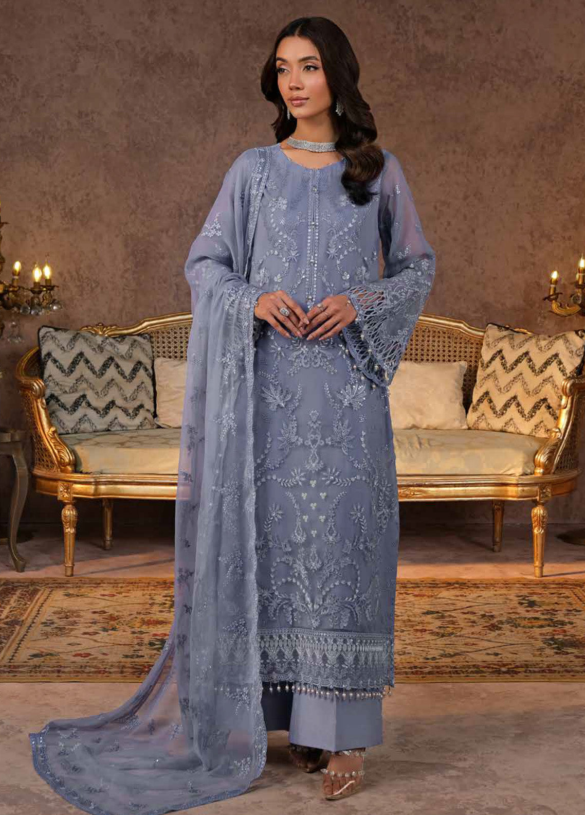 Zebaish by Lavish Premium Embroidered Chiffon Suits Unstitched 3 Piece - LP24ZC 01 PERIWINKLE Zebaish by Lavish Premium Embroidered Chiffon Suits Unstitched 3 Piece - LP24ZC 01 PERIWINKLE