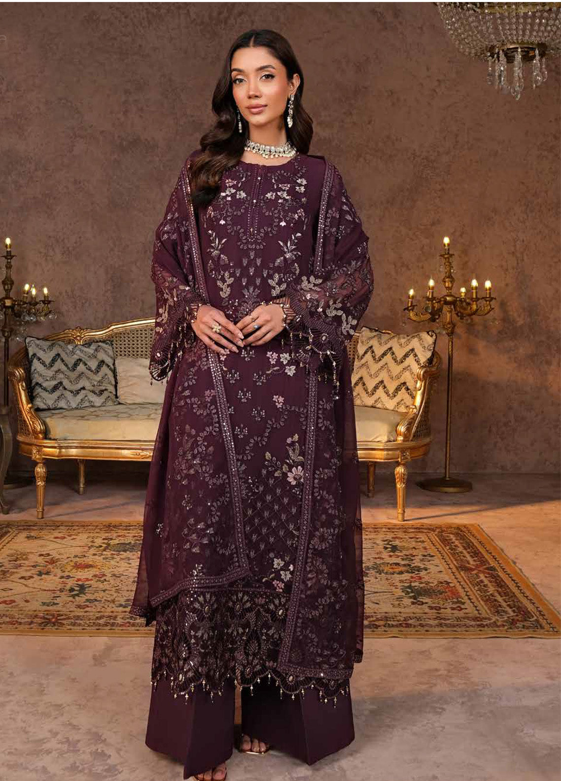 Zebaish by Lavish Premium Embroidered Chiffon Suits Unstitched 3 Piece - LP24ZC 03 SANGRIA Zebaish by Lavish Premium Embroidered Chiffon Suits Unstitched 3 Piece - LP24ZC 03 SANGRIA