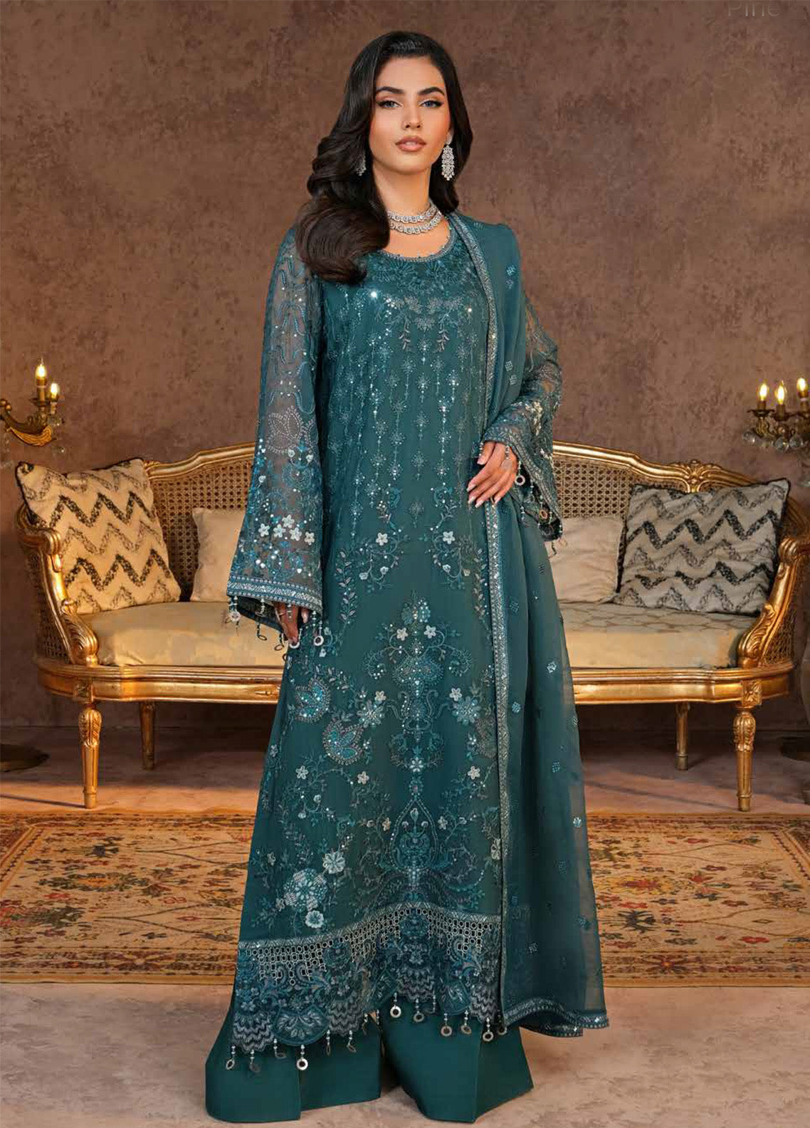 Zebaish by Lavish Premium Embroidered Chiffon Suits Unstitched 3 Piece - LP24ZC 04 PINE GREEN Zebaish by Lavish Premium Embroidered Chiffon Suits Unstitched 3 Piece - LP24ZC 04 PINE GREEN