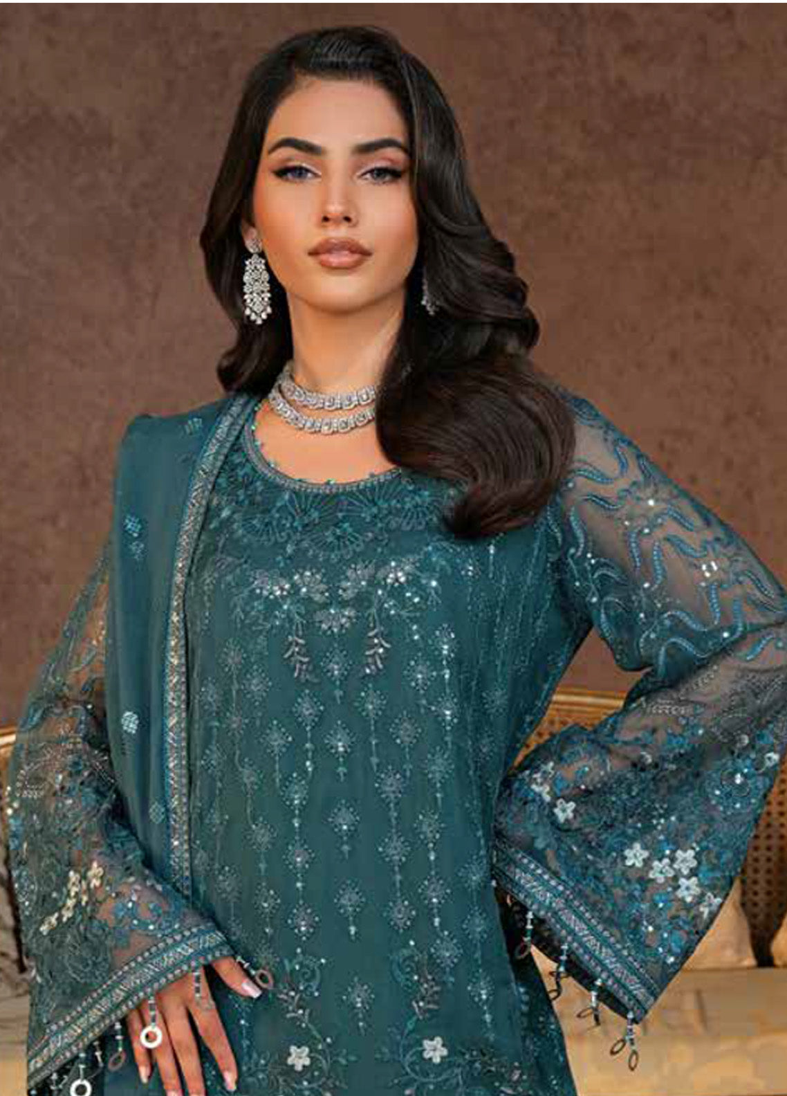 Zebaish by Lavish Premium Embroidered Chiffon Suits Unstitched 3 Piece - LP24ZC 04 PINE GREEN Zebaish by Lavish Premium Embroidered Chiffon Suits Unstitched 3 Piece - LP24ZC 04 PINE GREEN