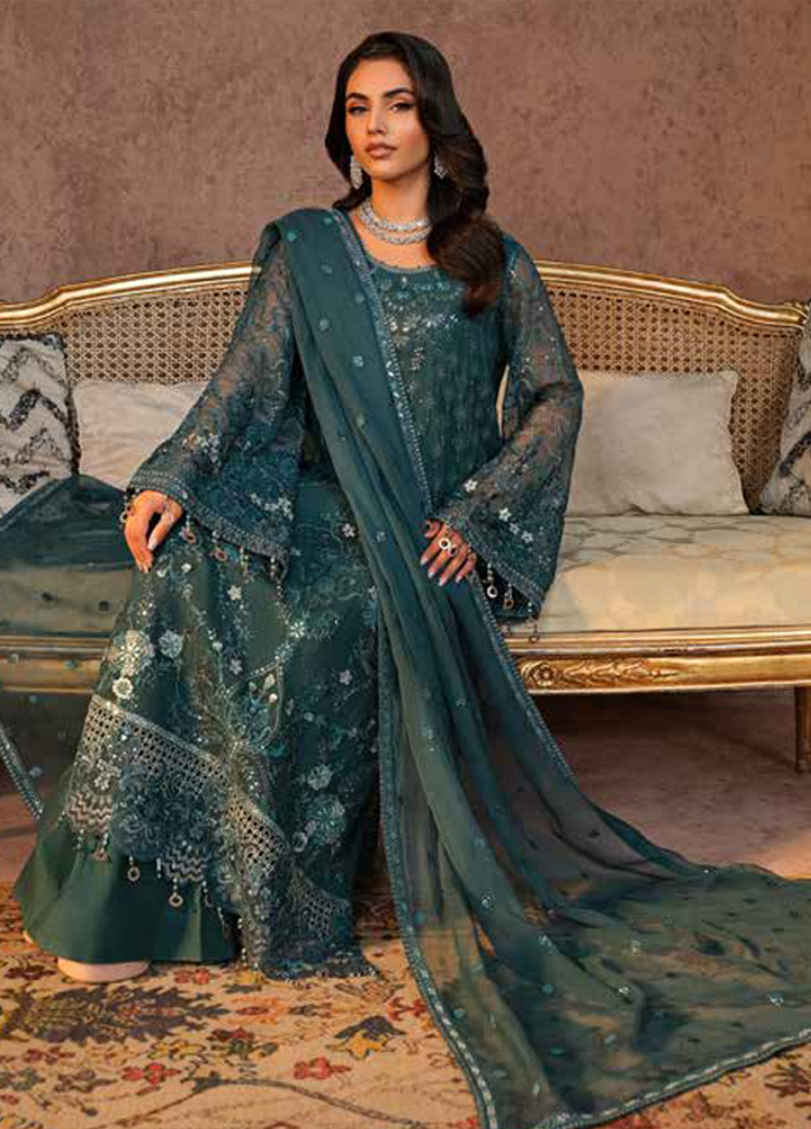 Zebaish by Lavish Premium Embroidered Chiffon Suits Unstitched 3 Piece - LP24ZC 04 PINE GREEN Zebaish by Lavish Premium Embroidered Chiffon Suits Unstitched 3 Piece - LP24ZC 04 PINE GREEN