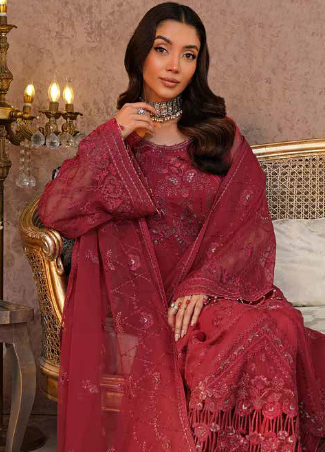Zebaish by Lavish Premium Embroidered Chiffon Suits Unstitched 3 Piece - LP24ZC 06 CERISE Zebaish by Lavish Premium Embroidered Chiffon Suits Unstitched 3 Piece - LP24ZC 06 CERISE