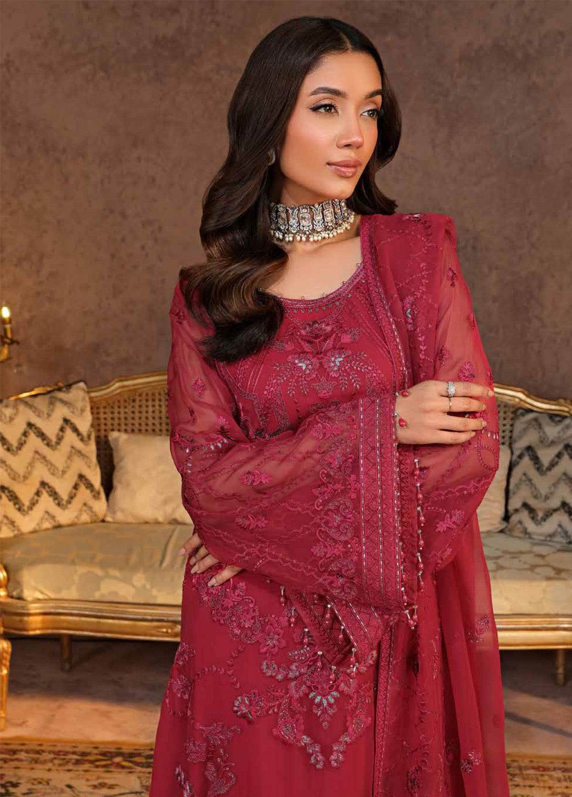 Zebaish by Lavish Premium Embroidered Chiffon Suits Unstitched 3 Piece - LP24ZC 06 CERISE Zebaish by Lavish Premium Embroidered Chiffon Suits Unstitched 3 Piece - LP24ZC 06 CERISE