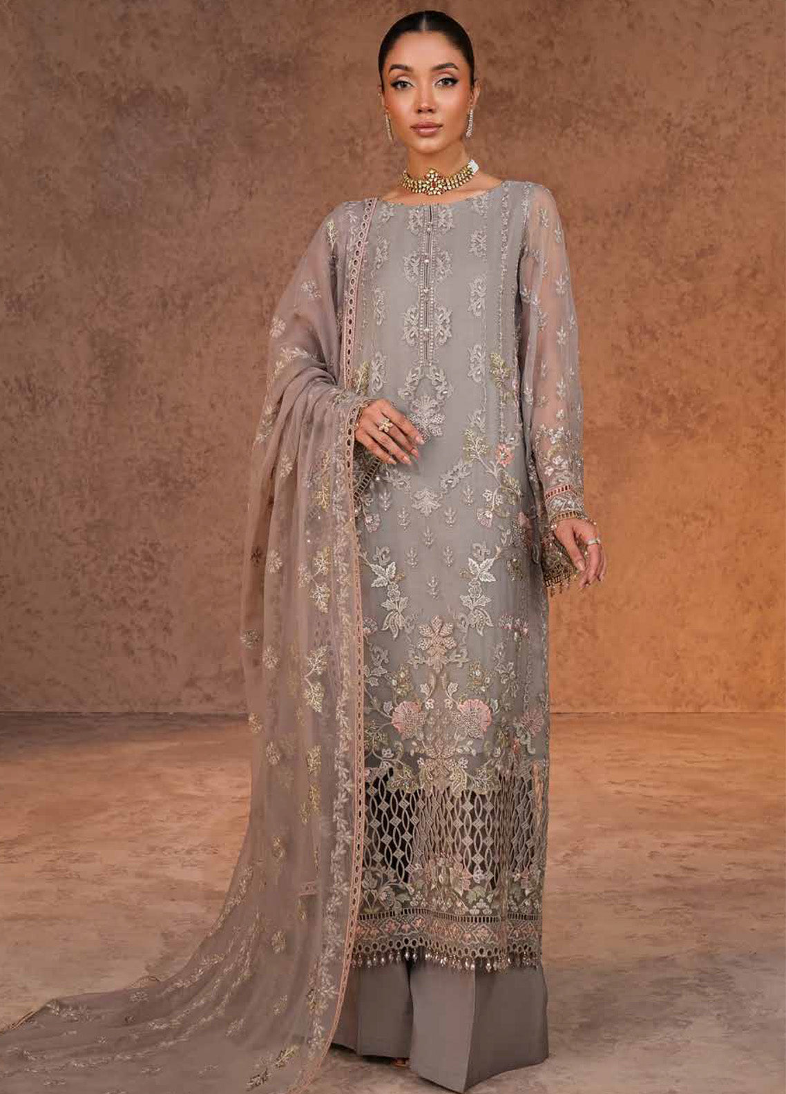 Zebaish by Lavish Premium Embroidered Chiffon Suits Unstitched 3 Piece - LP24ZC 07 FOSSIL Zebaish by Lavish Premium Embroidered Chiffon Suits Unstitched 3 Piece - LP24ZC 07 FOSSIL
