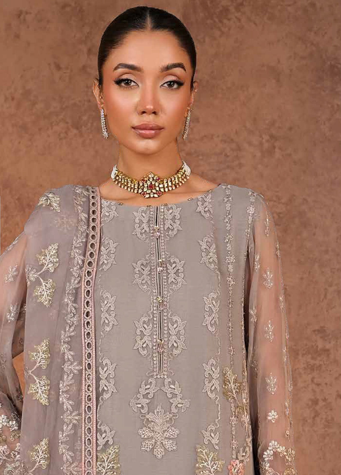 Zebaish by Lavish Premium Embroidered Chiffon Suits Unstitched 3 Piece - LP24ZC 07 FOSSIL Zebaish by Lavish Premium Embroidered Chiffon Suits Unstitched 3 Piece - LP24ZC 07 FOSSIL