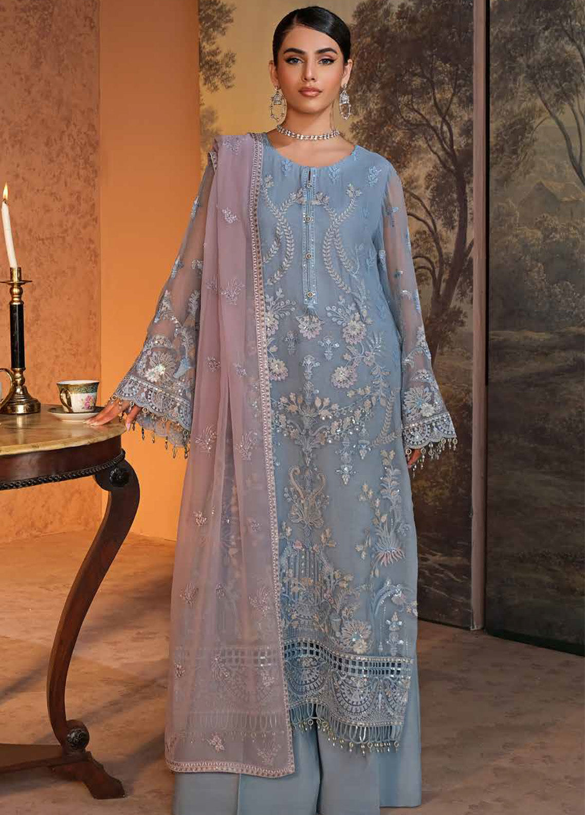 Zebaish by Lavish Premium Embroidered Chiffon Suits Unstitched 3 Piece - LP24ZC 09 AEGEAN Zebaish by Lavish Premium Embroidered Chiffon Suits Unstitched 3 Piece - LP24ZC 09 AEGEAN