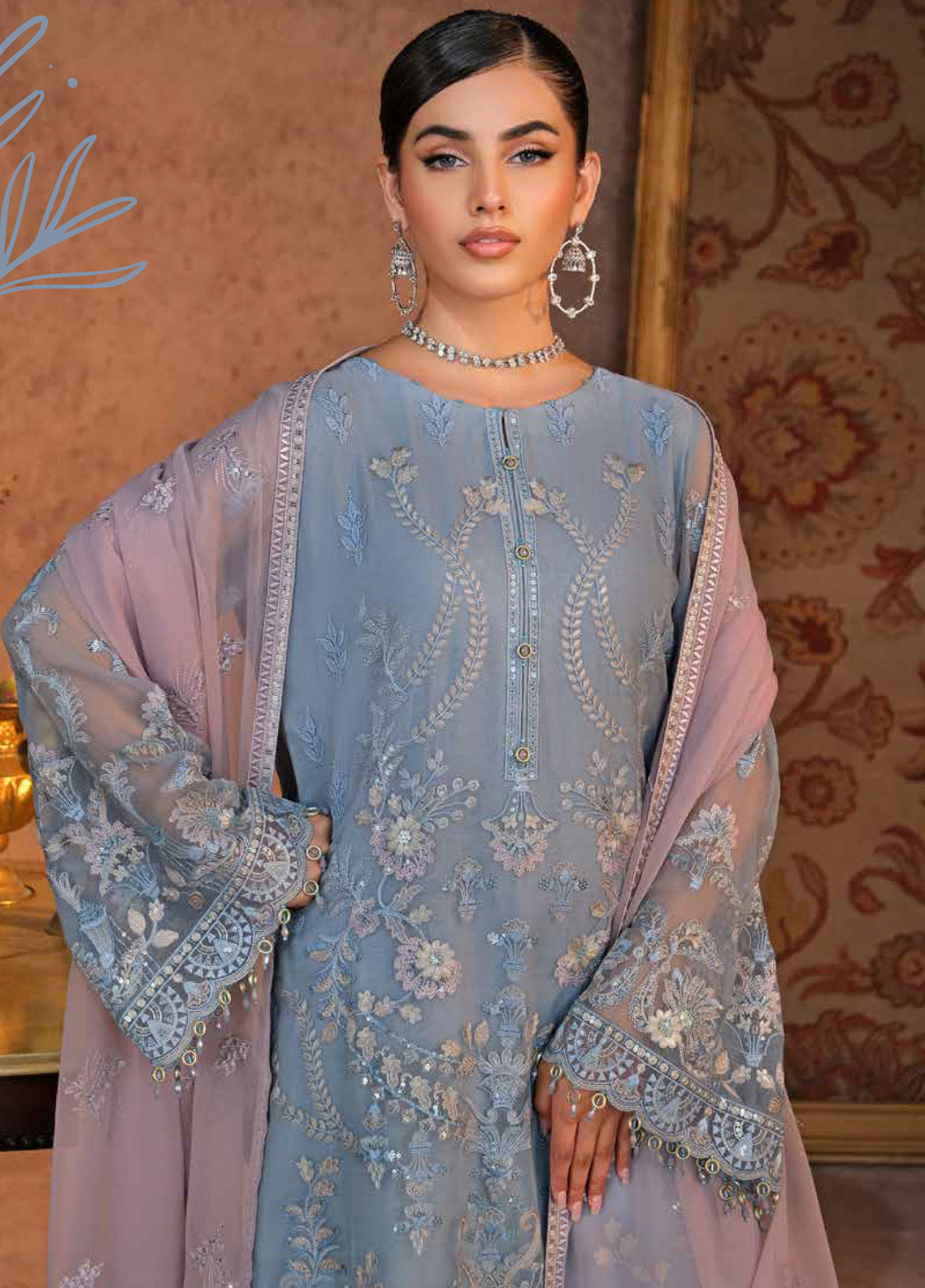Zebaish by Lavish Premium Embroidered Chiffon Suits Unstitched 3 Piece - LP24ZC 09 AEGEAN Zebaish by Lavish Premium Embroidered Chiffon Suits Unstitched 3 Piece - LP24ZC 09 AEGEAN