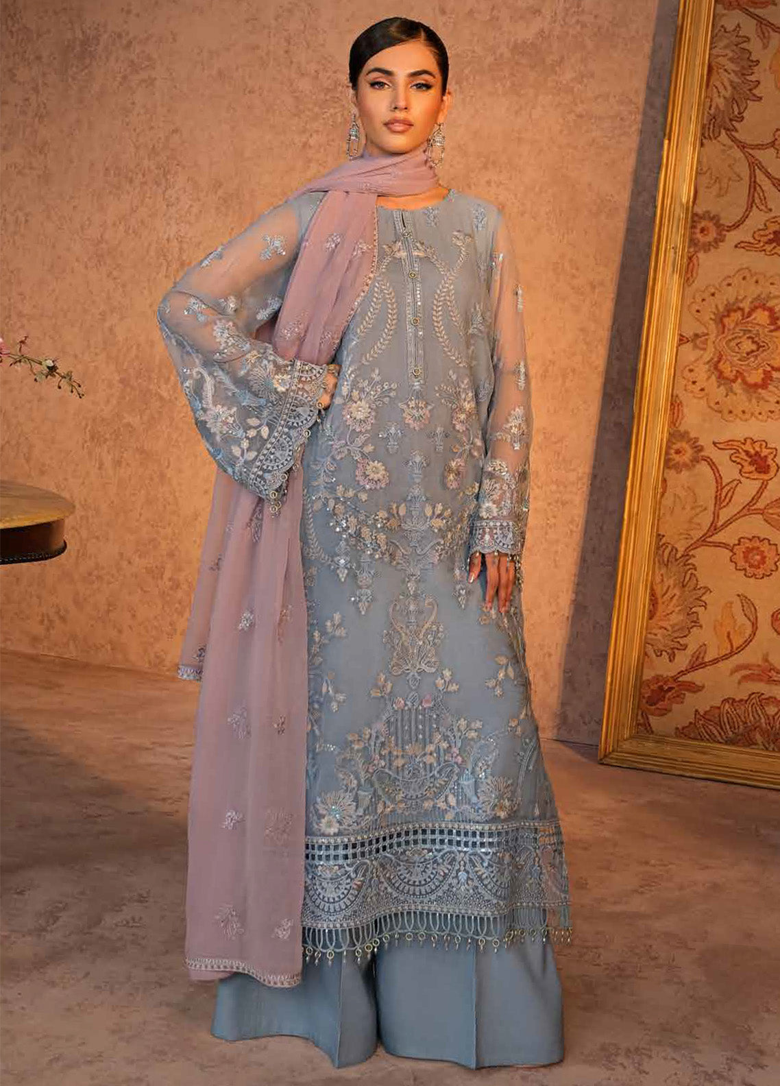 Zebaish by Lavish Premium Embroidered Chiffon Suits Unstitched 3 Piece - LP24ZC 09 AEGEAN Zebaish by Lavish Premium Embroidered Chiffon Suits Unstitched 3 Piece - LP24ZC 09 AEGEAN