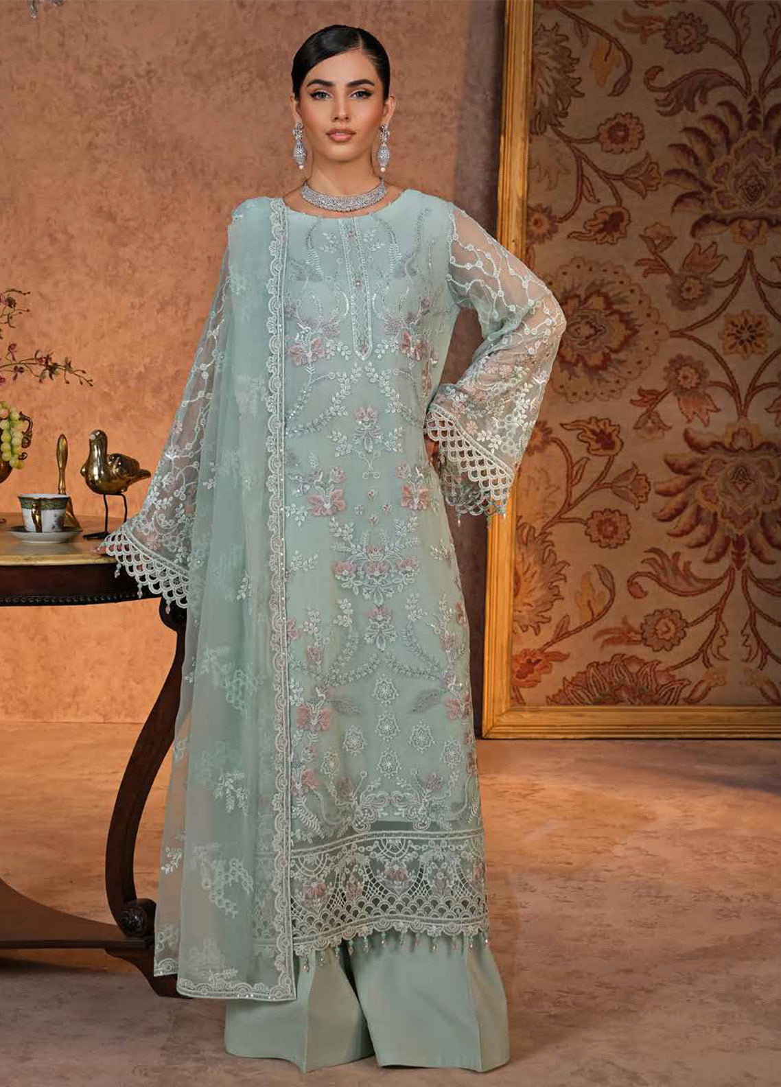 Zebaish by Lavish Premium Embroidered Chiffon Suits Unstitched 3 Piece - LP24ZC 10 PISTACHIO Zebaish by Lavish Premium Embroidered Chiffon Suits Unstitched 3 Piece - LP24ZC 10 PISTACHIO