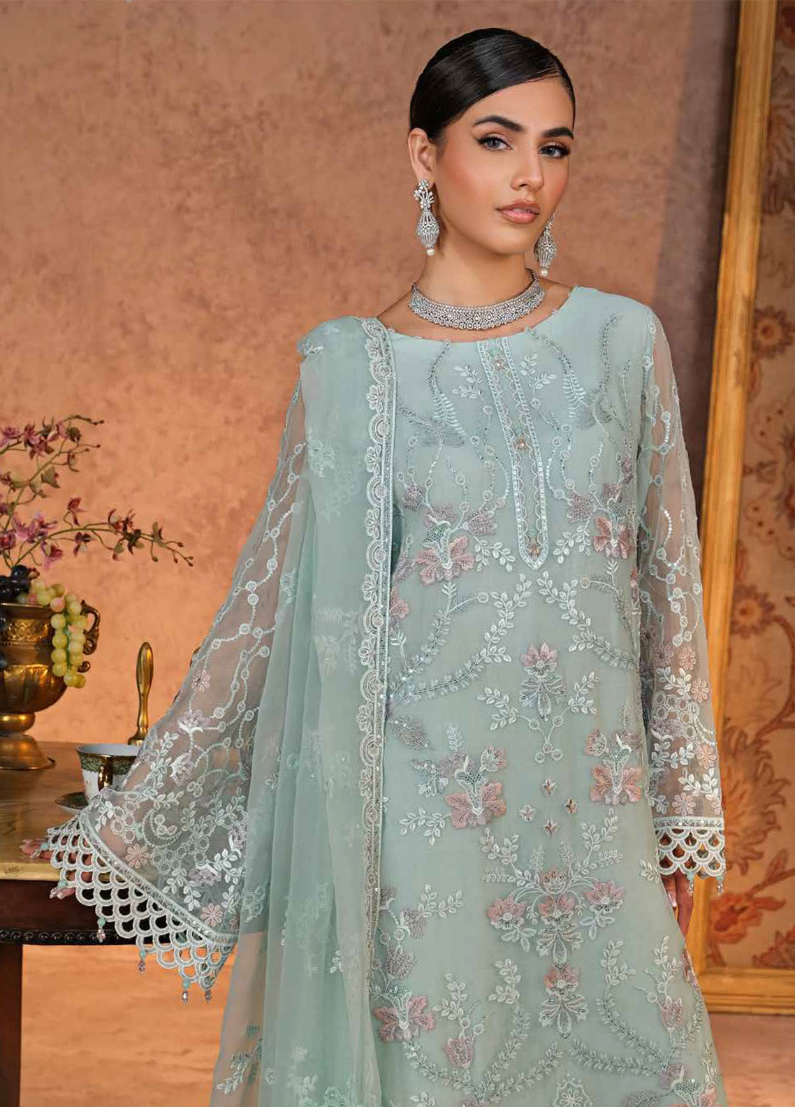 Zebaish by Lavish Premium Embroidered Chiffon Suits Unstitched 3 Piece - LP24ZC 10 PISTACHIO Zebaish by Lavish Premium Embroidered Chiffon Suits Unstitched 3 Piece - LP24ZC 10 PISTACHIO