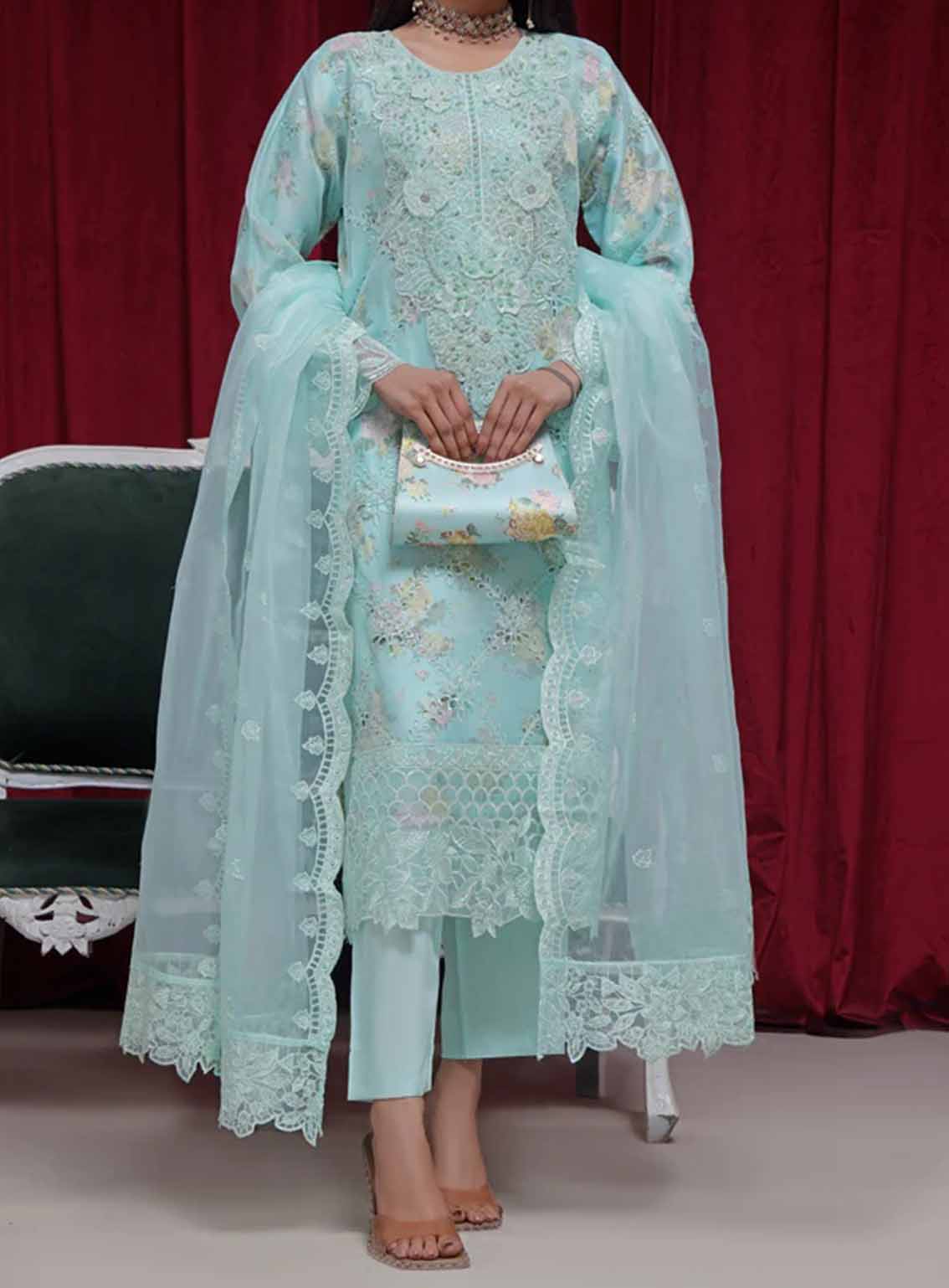 Alyana By Pak Fabrics Embroidered Organza Semi Stitched 3 Piece Suit PF25LEO EAT-443 Alyana By Pak Fabrics Embroidered Organza Semi Stitched 3 Piece Suit PF25LEO EAT-443