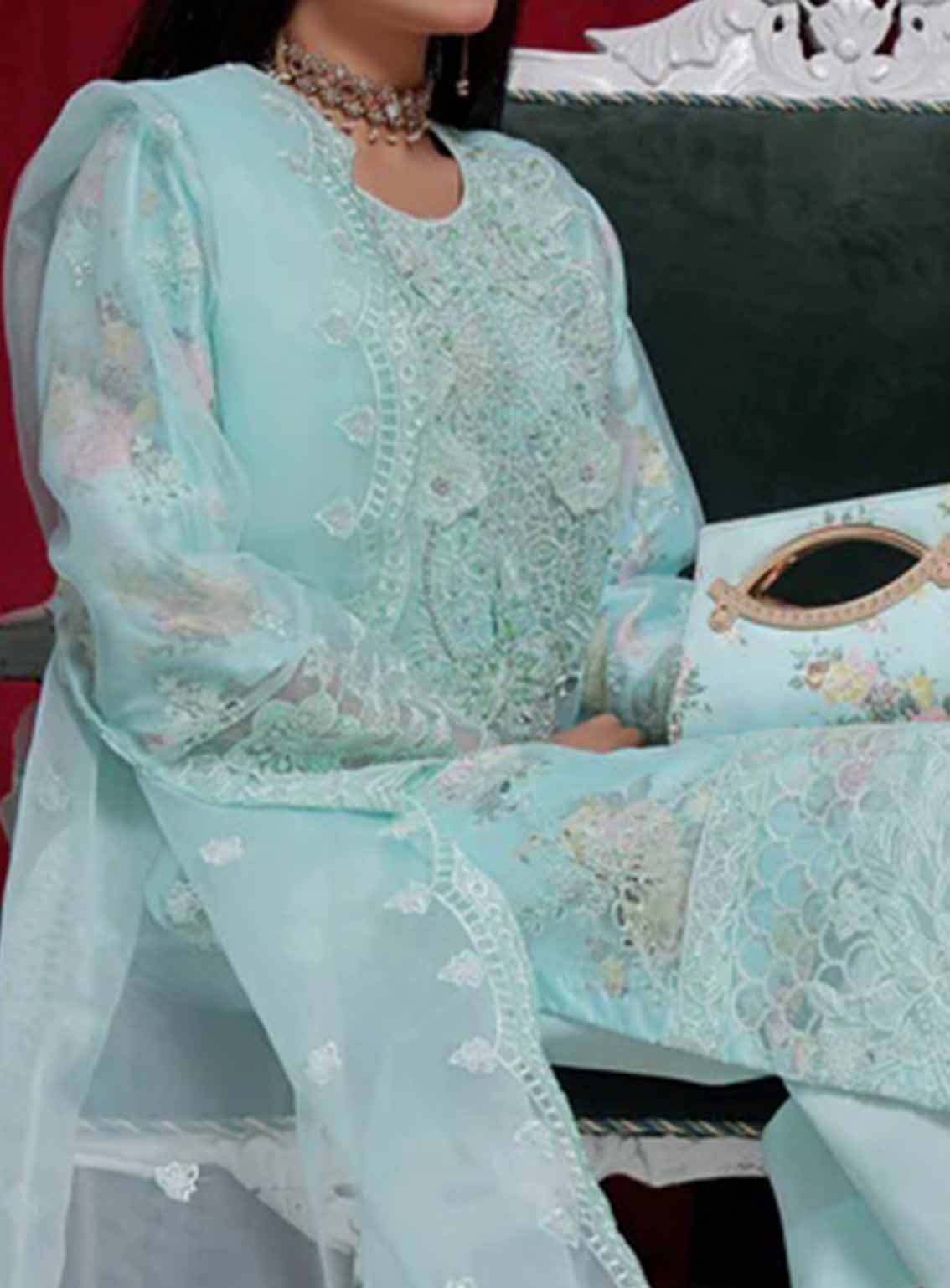 Alyana By Pak Fabrics Embroidered Organza Semi Stitched 3 Piece Suit PF25LEO EAT-443 Alyana By Pak Fabrics Embroidered Organza Semi Stitched 3 Piece Suit PF25LEO EAT-443