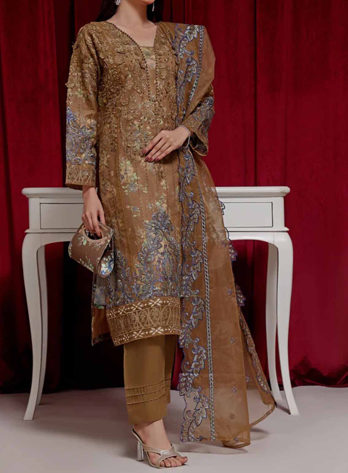 Alyana By Pak Fabrics Embroidered Organza Semi Stitched 3 Piece Suit PF25LEO EAT-444 Alyana By Pak Fabrics Embroidered Organza Semi Stitched 3 Piece Suit PF25LEO EAT-444