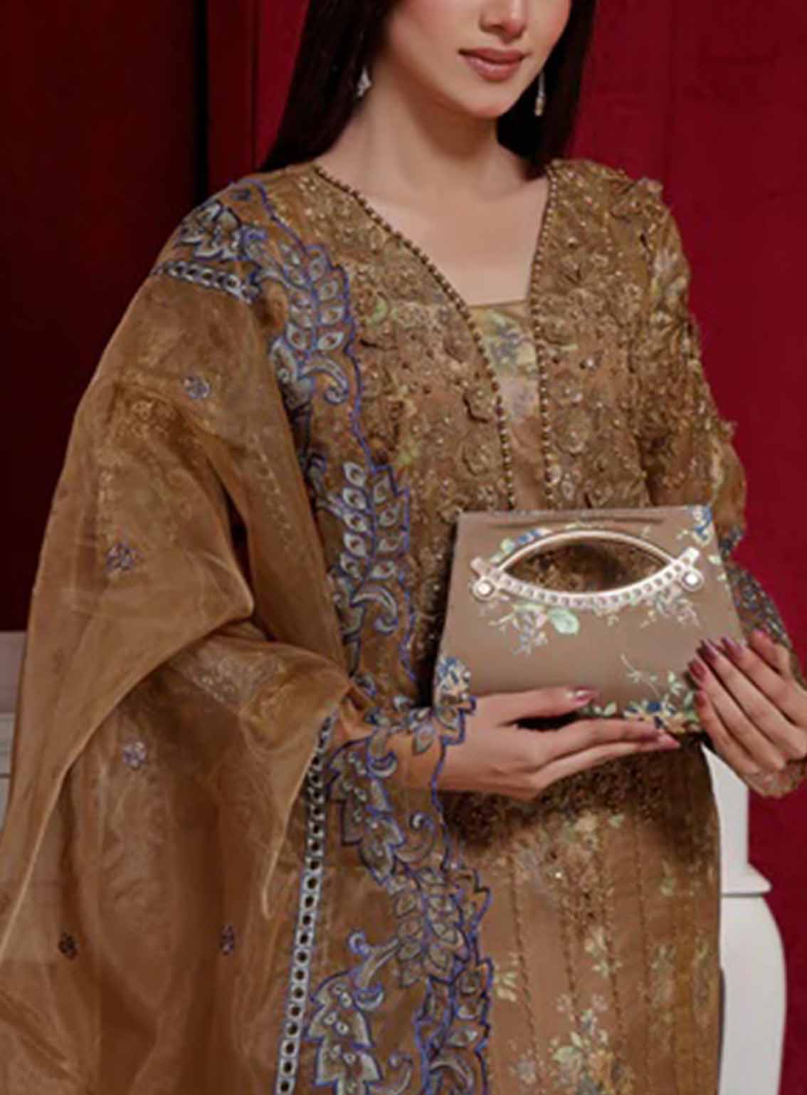 Alyana By Pak Fabrics Embroidered Organza Semi Stitched 3 Piece Suit PF25LEO EAT-444 Alyana By Pak Fabrics Embroidered Organza Semi Stitched 3 Piece Suit PF25LEO EAT-444