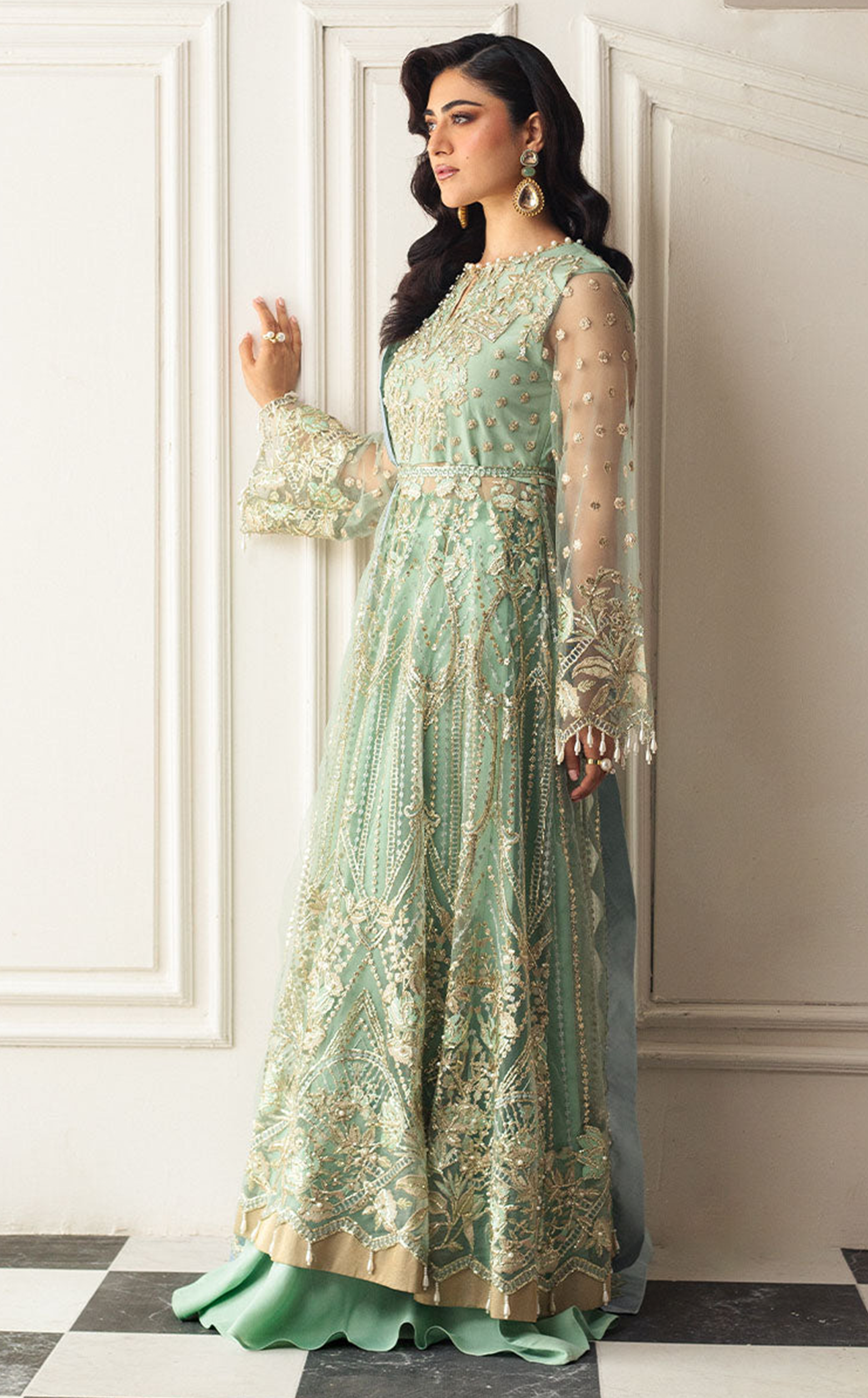Aura By Mushq Embroidered Net 4 Piece Unstitched Suit MQ24HA D-01 PISTACHIO Aura By Mushq Embroidered Net 4 Piece Unstitched Suit MQ24HA D-01 PISTACHIO