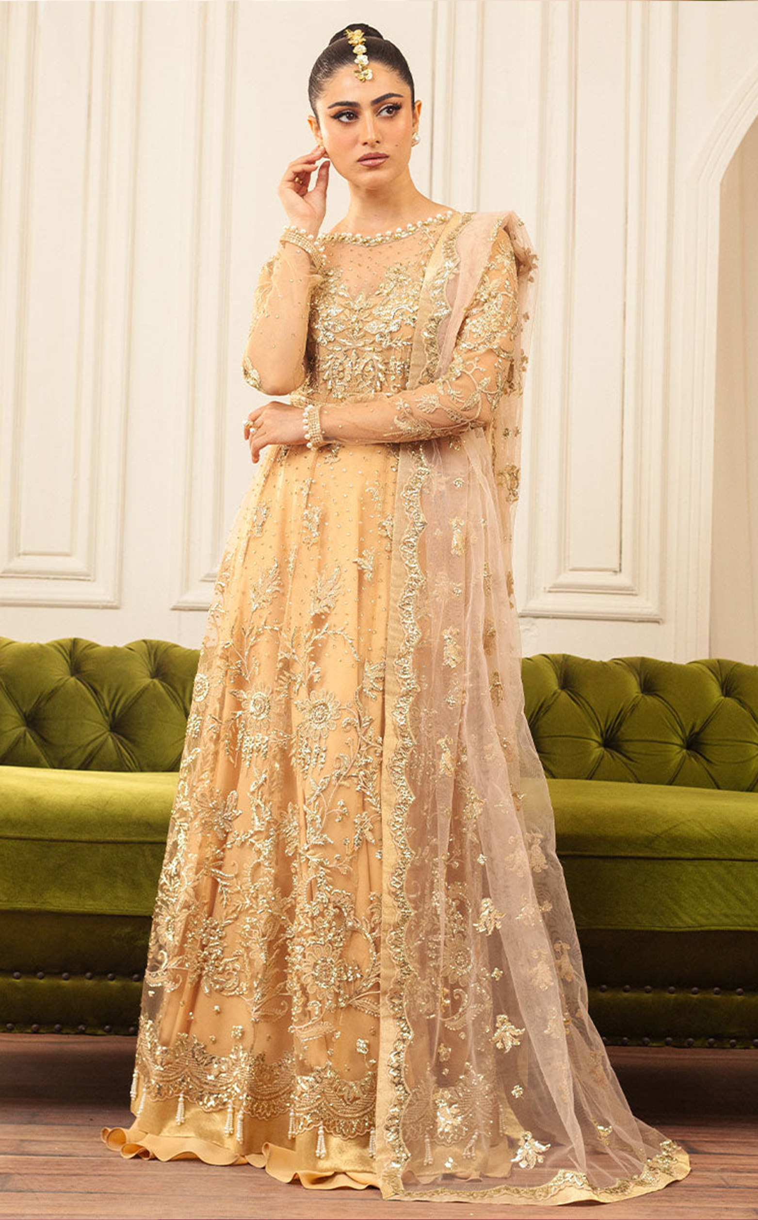 Aura By Mushq Embroidered Net 4 Piece Unstitched Suit MQ24HA D-03 CHAMOIS Aura By Mushq Embroidered Net 4 Piece Unstitched Suit MQ24HA D-03 CHAMOIS