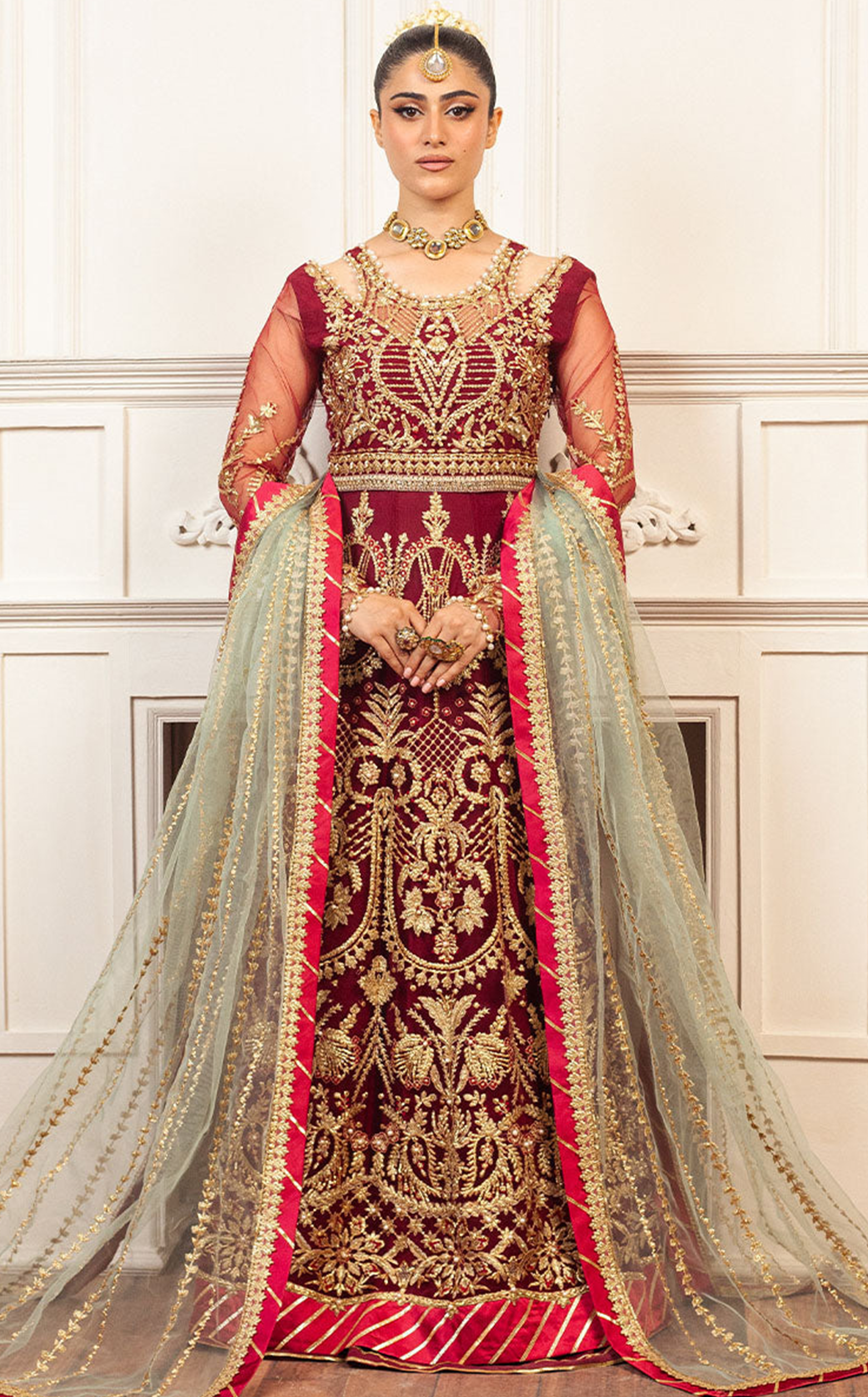 Aura By Mushq Embroidered Net 4 Piece Unstitched Suit MQ24HA D-06 SCARLET Aura By Mushq Embroidered Net 4 Piece Unstitched Suit MQ24HA D-06 SCARLET