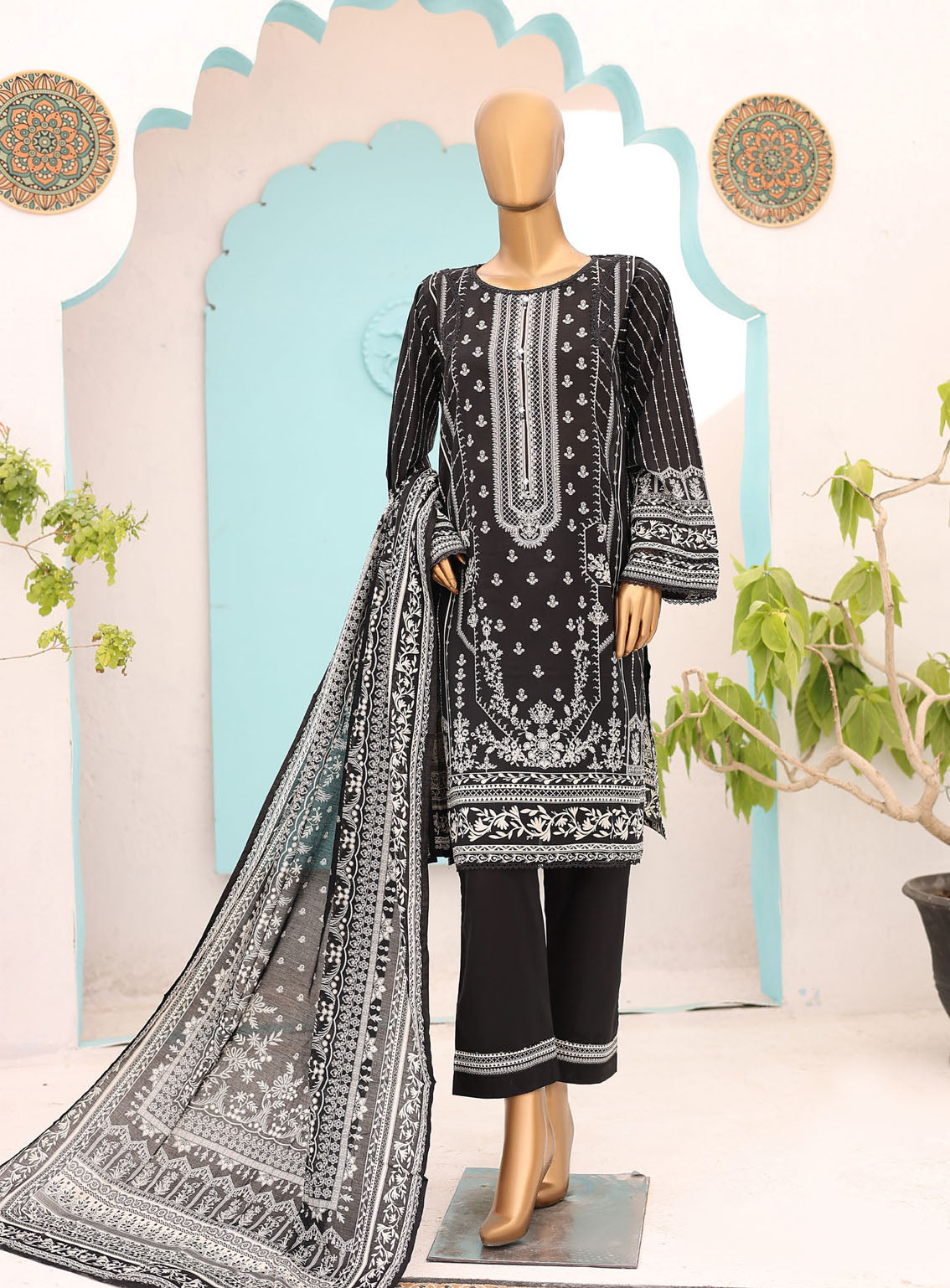 Bin Saeed Black & White Lawn 3 Piece Stitched Suit - BS24BWL BS-01 Bin Saeed Black & White Lawn 3 Piece Stitched Suit - BS24BWL BS-01