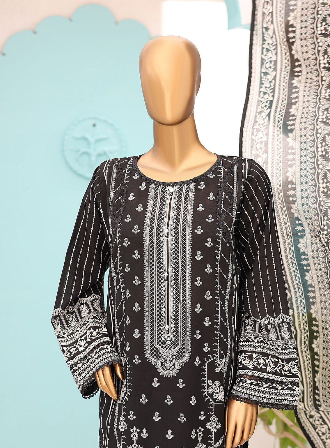 Bin Saeed Black & White Lawn 3 Piece Stitched Suit - BS24BWL BS-01 Bin Saeed Black & White Lawn 3 Piece Stitched Suit - BS24BWL BS-01