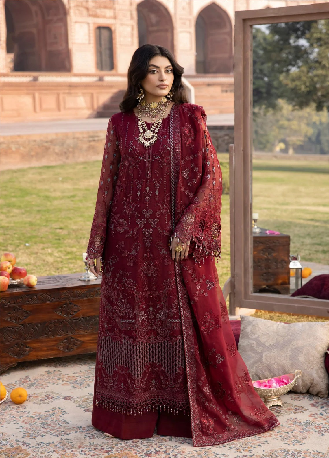 Dilkash By Lavish Premium Embroidered Chiffon 3 Piece Unstitched Suit LP25D D-04 BURGUNDY Dilkash By Lavish Premium Embroidered Chiffon 3 Piece Unstitched Suit LP25D D-04 BURGUNDY