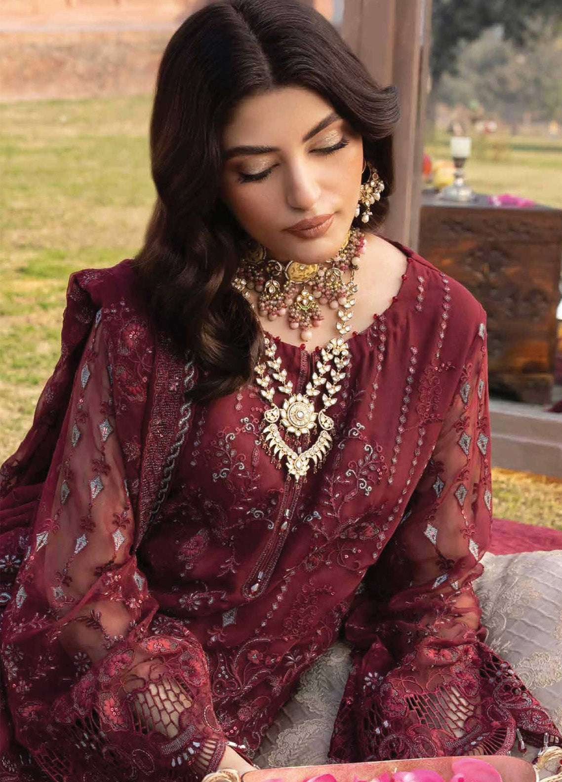 Dilkash By Lavish Premium Embroidered Chiffon 3 Piece Unstitched Suit LP25D D-04 BURGUNDY Dilkash By Lavish Premium Embroidered Chiffon 3 Piece Unstitched Suit LP25D D-04 BURGUNDY