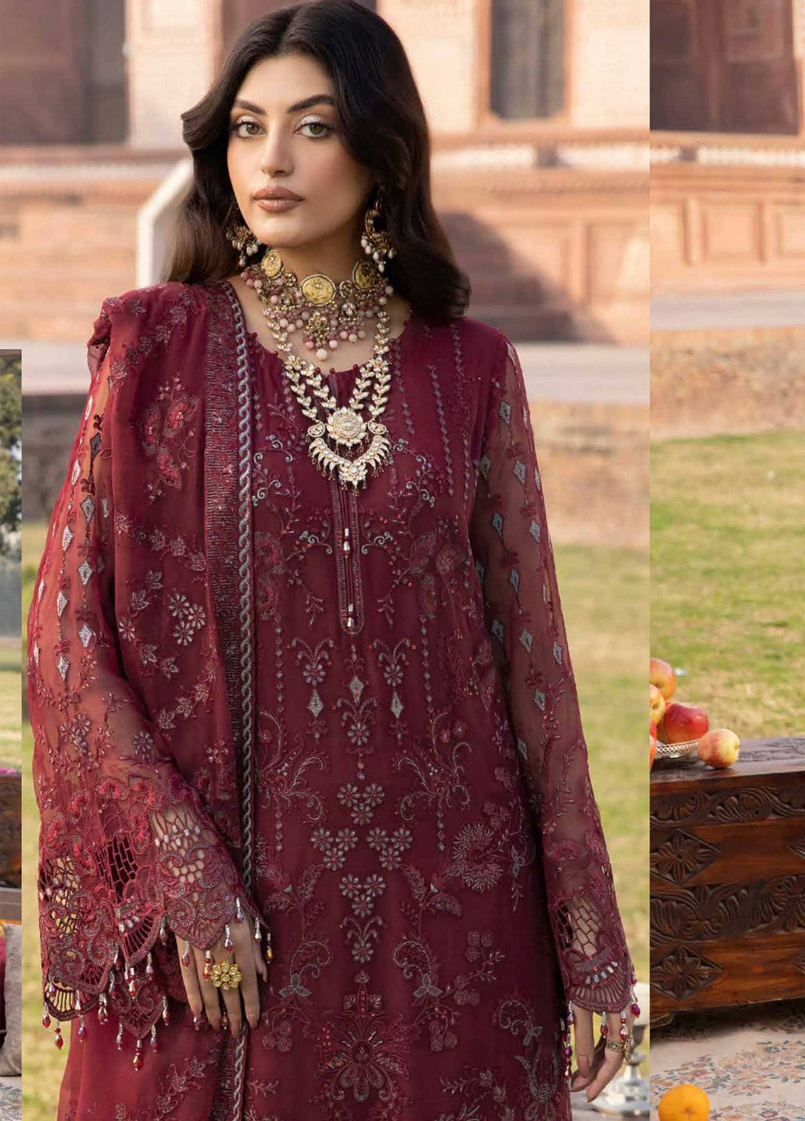 Dilkash By Lavish Premium Embroidered Chiffon 3 Piece Unstitched Suit LP25D D-04 BURGUNDY Dilkash By Lavish Premium Embroidered Chiffon 3 Piece Unstitched Suit LP25D D-04 BURGUNDY