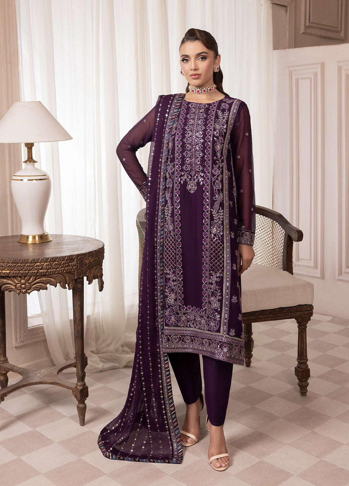 Elyssa By Sahane Embroidered Chiffon 3 Piece Unstitched Suit SNE25EF D-CT-19006 MURE Elyssa By Sahane Embroidered Chiffon 3 Piece Unstitched Suit SNE25EF D-CT-19006 MURE