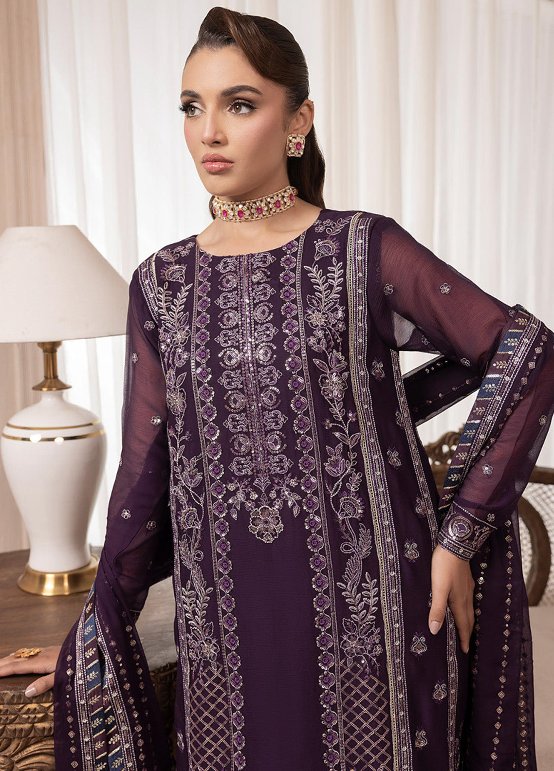 Elyssa By Sahane Embroidered Chiffon 3 Piece Unstitched Suit SNE25EF D-CT-19006 MURE Elyssa By Sahane Embroidered Chiffon 3 Piece Unstitched Suit SNE25EF D-CT-19006 MURE