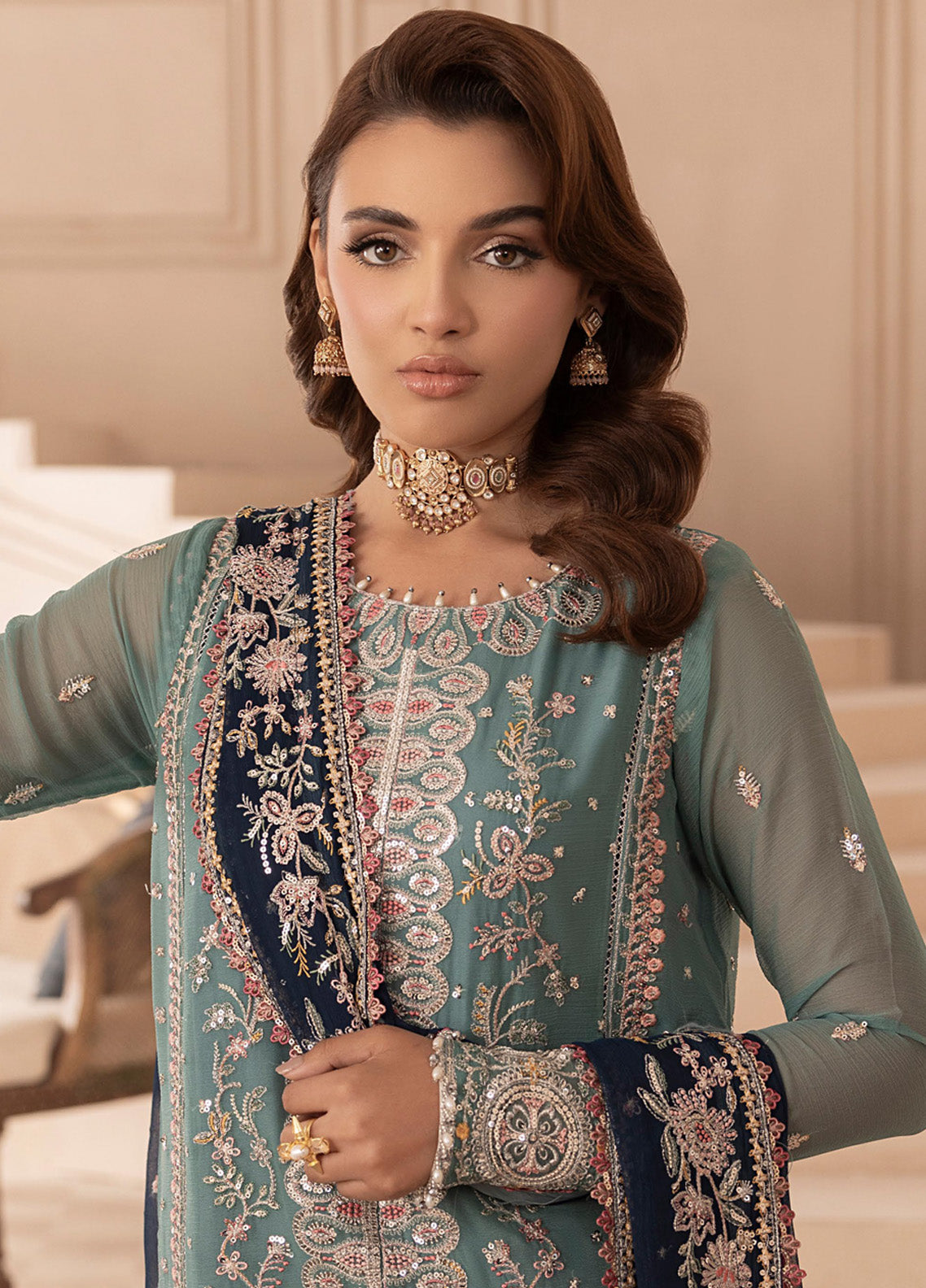 Elyssa By Sahane Embroidered Chiffon 3 Piece Unstitched Suit SNE25EF D-CT-19008 CEDRA Elyssa By Sahane Embroidered Chiffon 3 Piece Unstitched Suit SNE25EF D-CT-19008 CEDRA