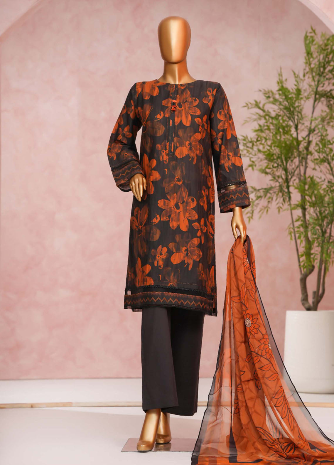 Enchant Linnokara Prints By HZ Textile Printed Lawn 3 Piece Stitched Suit HZ25ELP PLK-547 NIGHT ORANGES Enchant Linnokara Prints By HZ Textile Printed Lawn 3 Piece Stitched Suit HZ25ELP PLK-547 NIGHT ORANGES