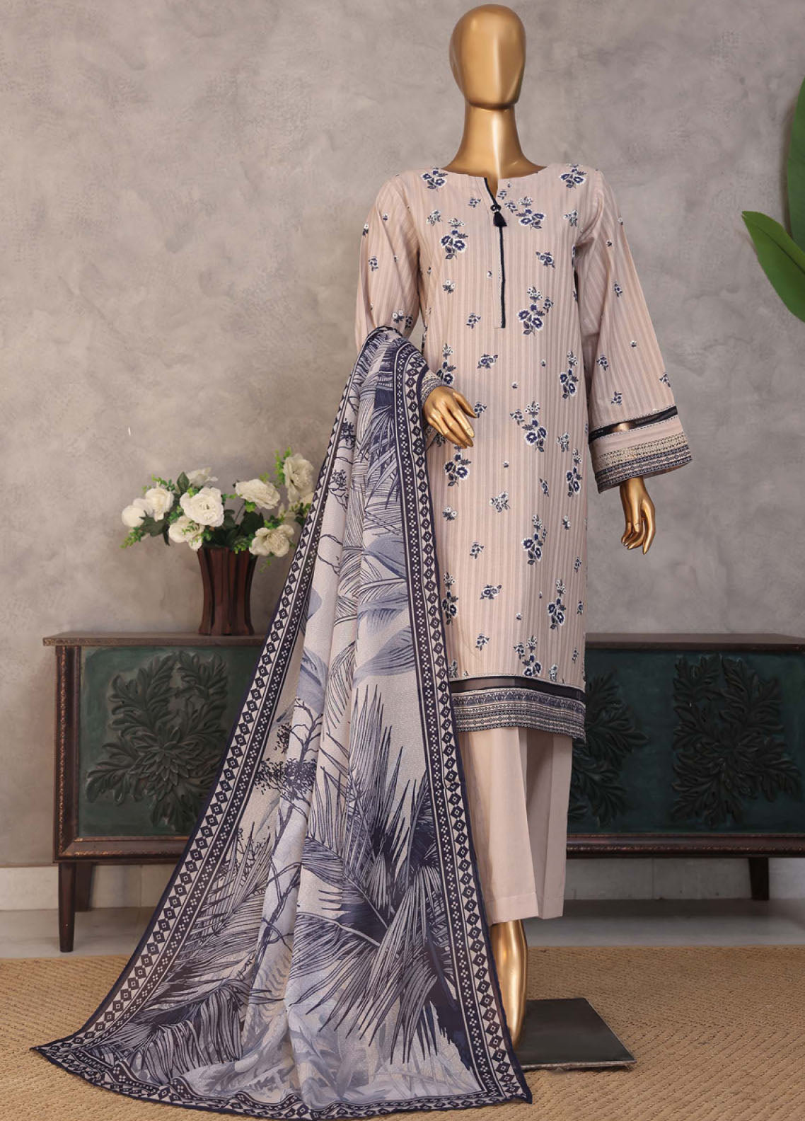 Enchant Linnokara Prints By HZ Textile Printed Lawn 3 Piece Stitched Suit HZ25ELP PNE-101 BEIGE BLUE Enchant Linnokara Prints By HZ Textile Printed Lawn 3 Piece Stitched Suit HZ25ELP PNE-101 BEIGE BLUE