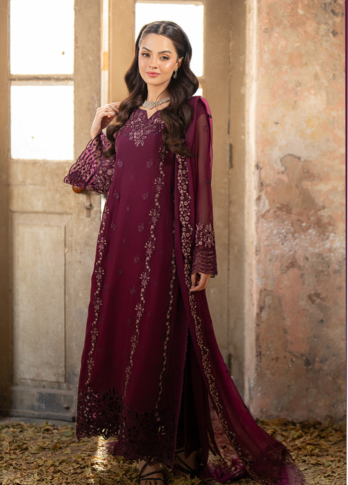 Ensembles By Azure Embroidered Chiffon 3 Piece Unstitched Suit AZU24F3P D-MERLOT GRACE Ensembles By Azure Embroidered Chiffon 3 Piece Unstitched Suit AZU24F3P D-MERLOT GRACE
