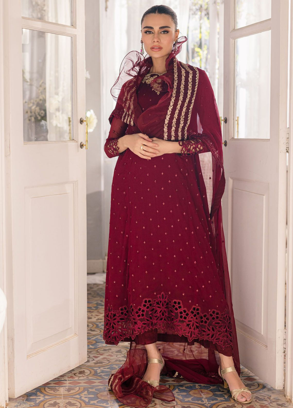 Ensembles By Azure Embroidered Chiffon 3 Piece Unstitched Suit AZU24EF ES-050 GARNET GLAM Ensembles By Azure Embroidered Chiffon 3 Piece Unstitched Suit AZU24EF ES-050 GARNET GLAM