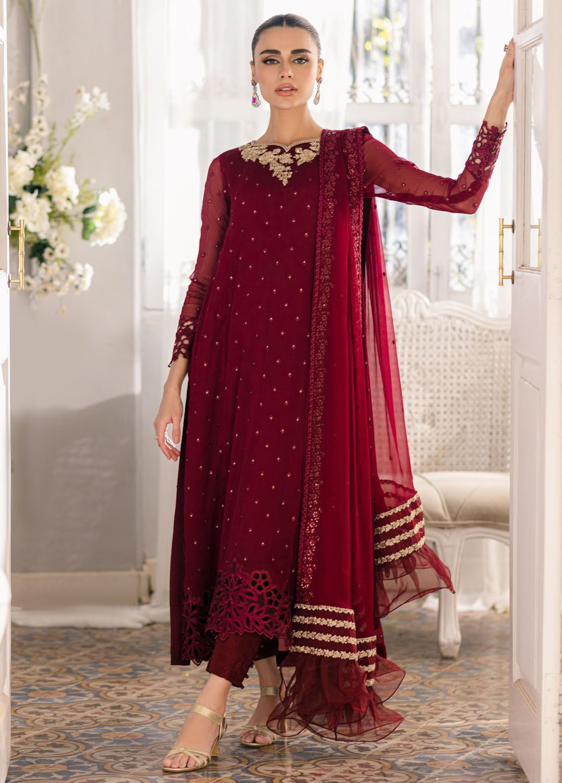 Ensembles By Azure Embroidered Chiffon 3 Piece Unstitched Suit AZU24EF ES-050 GARNET GLAM Ensembles By Azure Embroidered Chiffon 3 Piece Unstitched Suit AZU24EF ES-050 GARNET GLAM