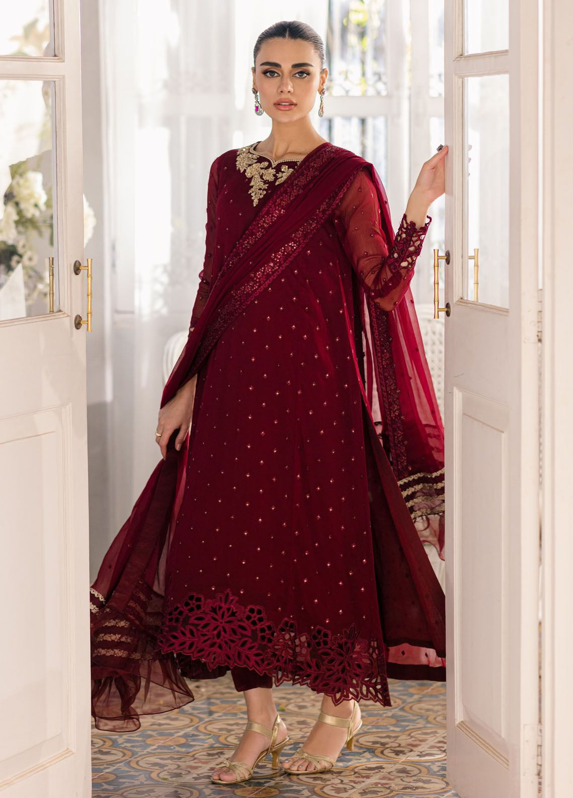 Ensembles By Azure Embroidered Chiffon 3 Piece Unstitched Suit AZU24EF ES-050 GARNET GLAM Ensembles By Azure Embroidered Chiffon 3 Piece Unstitched Suit AZU24EF ES-050 GARNET GLAM