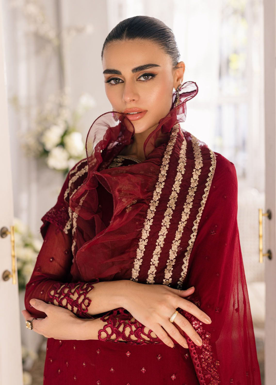 Ensembles By Azure Embroidered Chiffon 3 Piece Unstitched Suit AZU24EF ES-050 GARNET GLAM Ensembles By Azure Embroidered Chiffon 3 Piece Unstitched Suit AZU24EF ES-050 GARNET GLAM