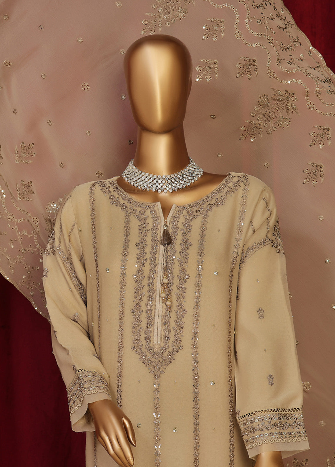 Fasaane By HZ Textile Embroidered Chiffon 3 Piece Stitched Suit HZ24F HZK-195-BGE Fasaane By HZ Textile Embroidered Chiffon 3 Piece Stitched Suit HZ24F HZK-195-BGE
