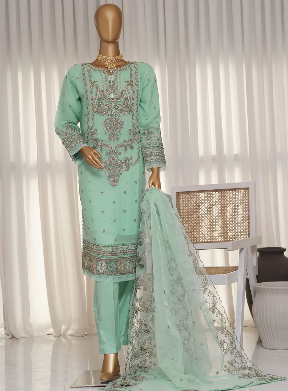Fasaane By HZ Textile Embroidered Chiffon 3 Piece Stitched Suit HZ24FV5 HZK-172 AQ Fasaane By HZ Textile Embroidered Chiffon 3 Piece Stitched Suit HZ24FV5 HZK-172 AQ