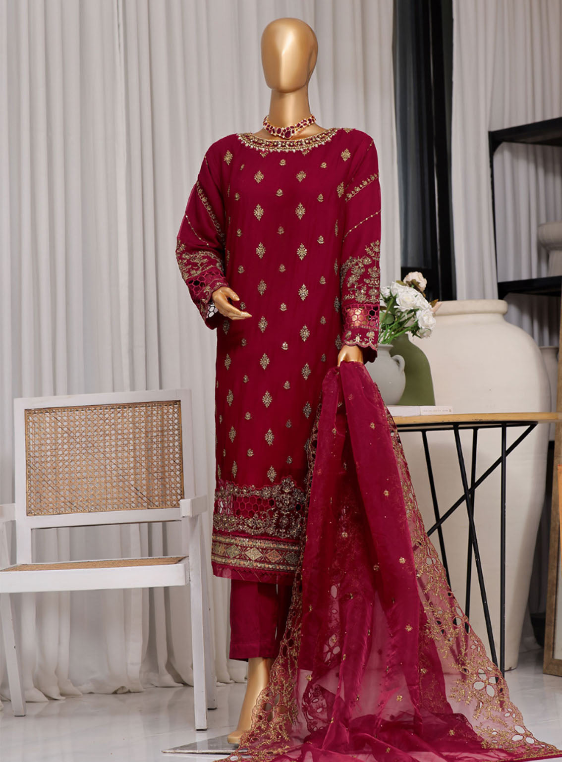 Fasaane By HZ Textile Embroidered Chiffon 3 Piece Stitched Suit HZ24FV5 HZK-173 MN Fasaane By HZ Textile Embroidered Chiffon 3 Piece Stitched Suit HZ24FV5 HZK-173 MN