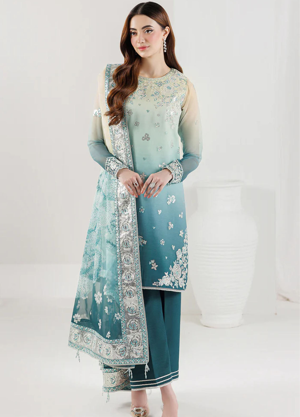Fiorella By Farasha Embroidered Chiffon 3 Piece Unstitched Suit FSH26FF D-06 AZURE PEARL Fiorella By Farasha Embroidered Chiffon 3 Piece Unstitched Suit FSH26FF D-06 AZURE PEARL