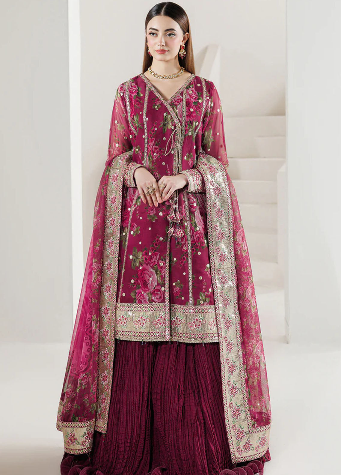 Fiorella By Farasha Embroidered Chiffon 3 Piece Unstitched Suit FSH26FF D-08 ROUGE REIGN Fiorella By Farasha Embroidered Chiffon 3 Piece Unstitched Suit FSH26FF D-08 ROUGE REIGN