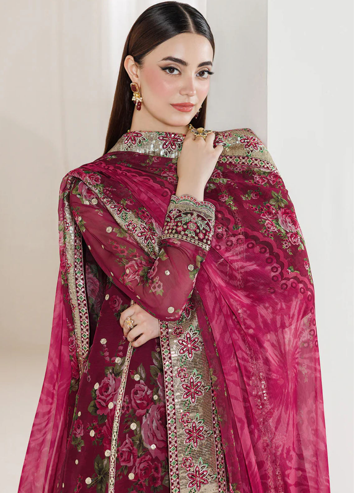 Fiorella By Farasha Embroidered Chiffon 3 Piece Unstitched Suit FSH26FF D-08 ROUGE REIGN Fiorella By Farasha Embroidered Chiffon 3 Piece Unstitched Suit FSH26FF D-08 ROUGE REIGN