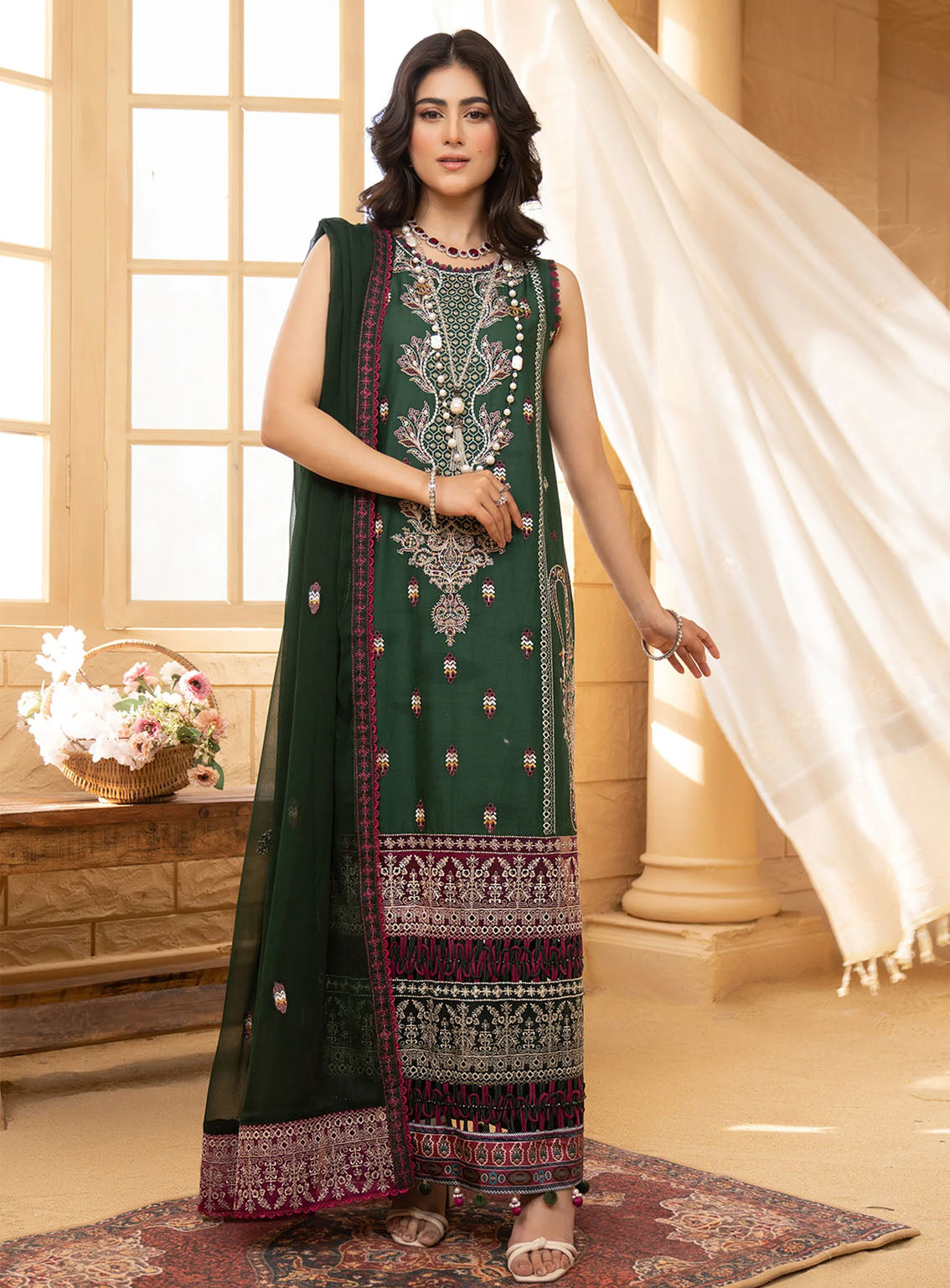 HemStitch Luxury Embroidered Lawn 3 Piece Unstitched Suit HS24LL D-01 BOTTLE GREEN HemStitch Luxury Embroidered Lawn 3 Piece Unstitched Suit HS24LL D-01 BOTTLE GREEN