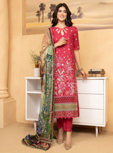 HemStitch Luxury Embroidered Lawn 3 Piece Unstitched Suit HS24LL D-08 SCARLET RED
